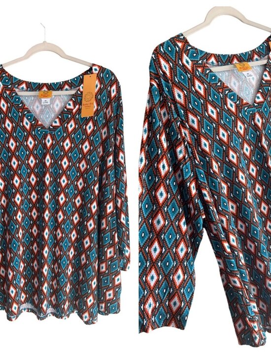 NWT Ruby Rd Womens 4X V Neck Abstract Boho Blouse 3/4 Sleeve Stretchy Top 26x29 - Picture 1 of 7